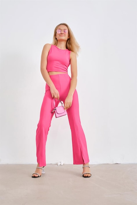 Yırtmaçlı Dikiş Detay Pantolon Fuşya