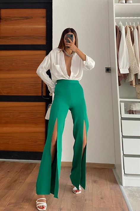 Yırtmaçlı Pantolon Yeşil