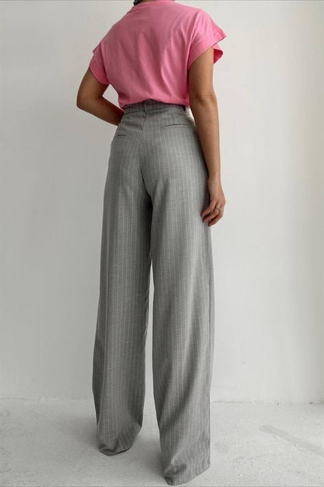 Yüksek Bel Çizgili Palazzo Pantolon Açık Gri