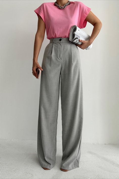Yüksek Bel Çizgili Palazzo Pantolon Açık Gri