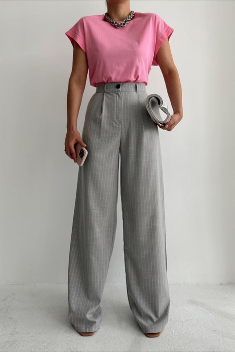 Yüksek Bel Çizgili Palazzo Pantolon Açık Gri