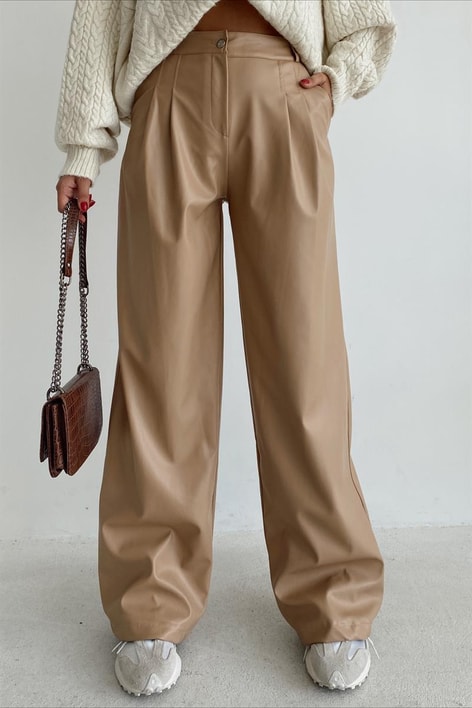 Yüksek Bel Deri Pantolon Bej