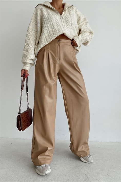 Yüksek Bel Deri Pantolon Bej