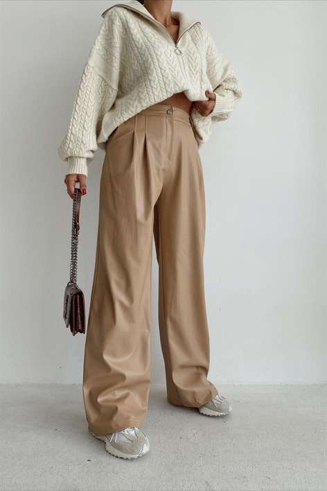 Yüksek Bel Deri Pantolon Bej