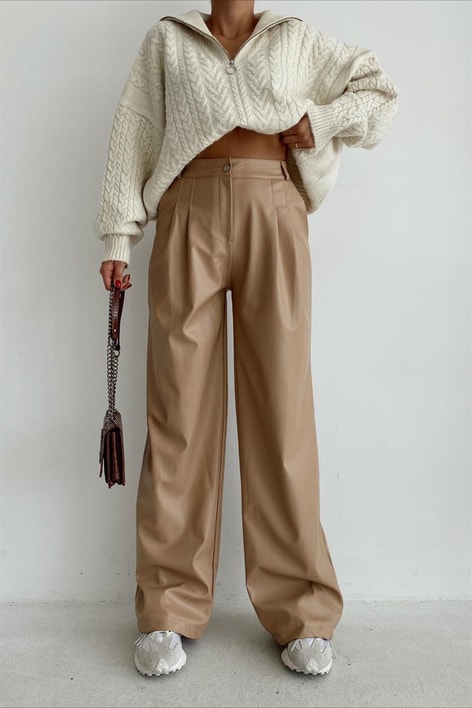 Yüksek Bel Deri Pantolon Bej