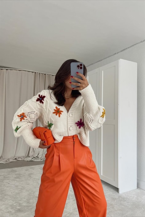 Yüksek Bel Deri Pantolon Turuncu