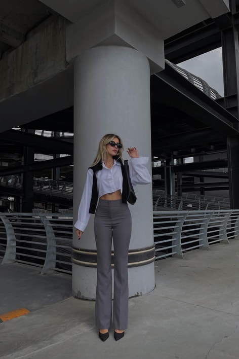 Yüksek Bel İspanyol Kumaş Pantolon Gri