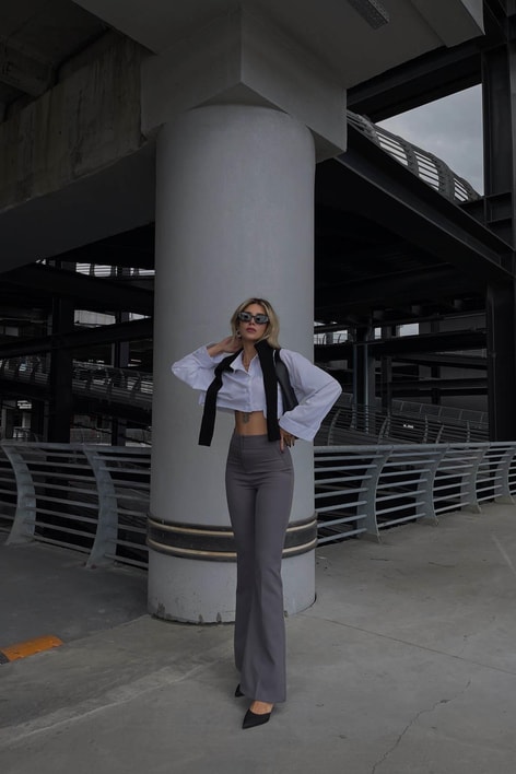 Yüksek Bel İspanyol Kumaş Pantolon Gri