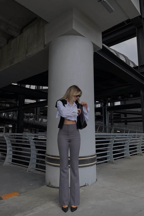 Yüksek Bel İspanyol Kumaş Pantolon Gri