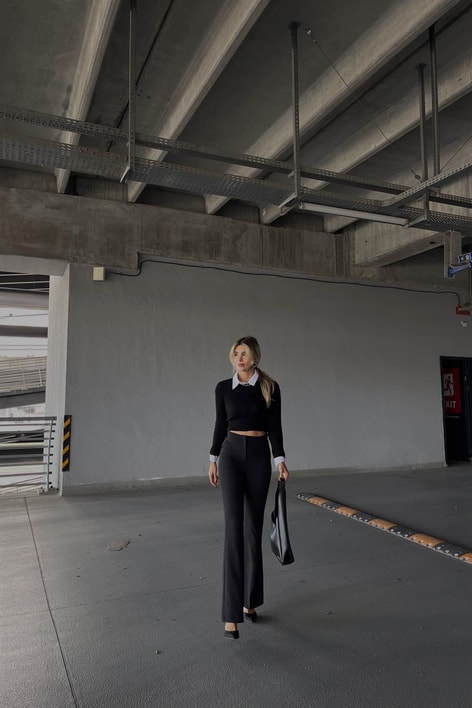 Yüksek Bel İspanyol Kumaş Pantolon Siyah