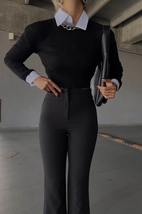 Yüksek Bel İspanyol Kumaş Pantolon Siyah