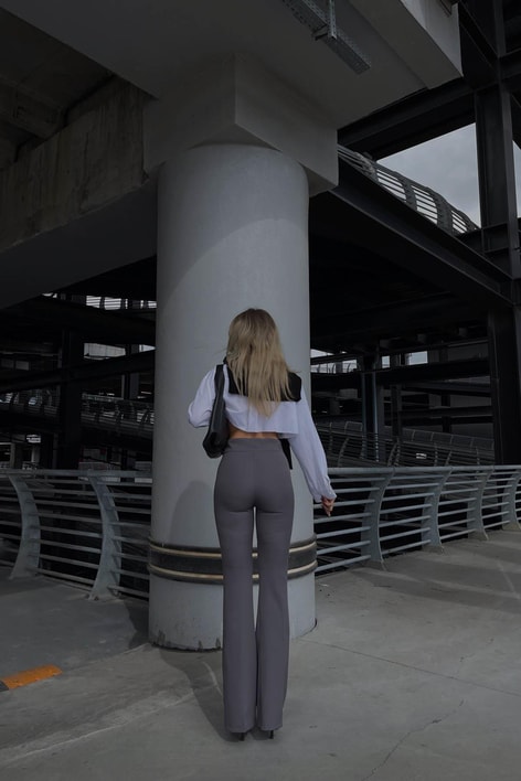 Yüksek Bel İspanyol Kumaş Pantolon Gri