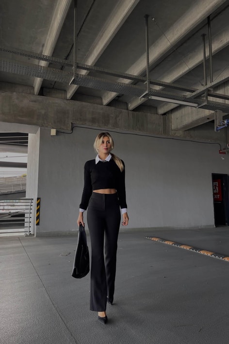 Yüksek Bel İspanyol Kumaş Pantolon Siyah