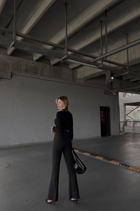 Yüksek Bel İspanyol Kumaş Pantolon Siyah