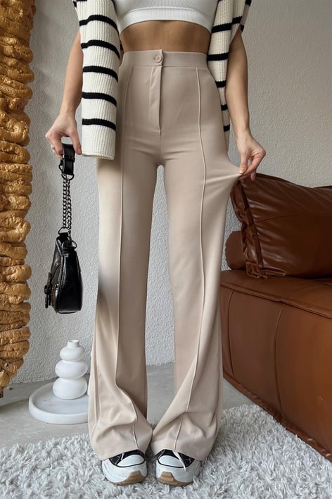 Yüksek Bel İspanyol Paça Kumaş Pantolon Taş