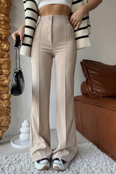 Yüksek Bel İspanyol Paça Kumaş Pantolon Taş