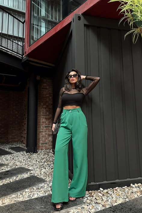 Yüksek Bel Palazzo Pantolon Benetton Yeşili