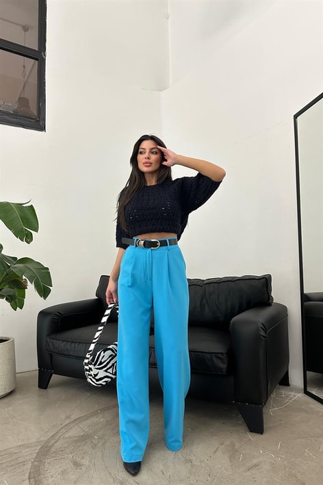 Yüksek Bel Palazzo Pantolon Mavi