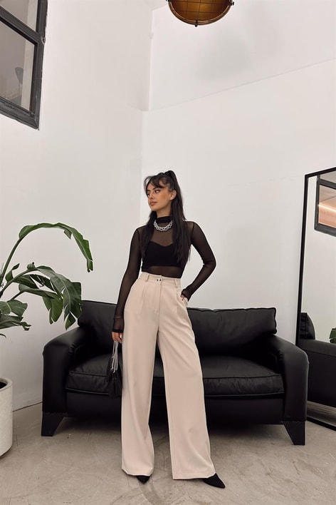 Yüksek Bel Palazzo Pantolon Taş