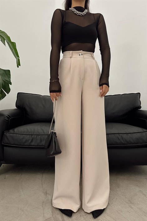 Yüksek Bel Palazzo Pantolon Taş