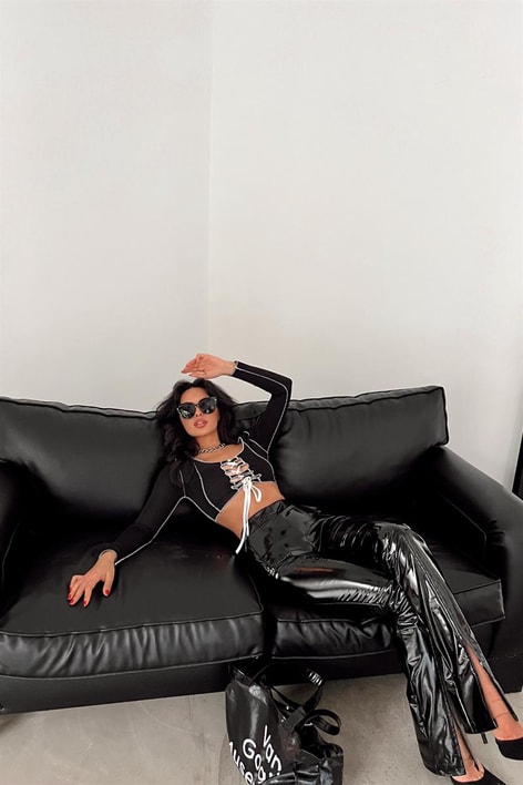 Yüksek Bel Pensli Rugan Pantolon Siyah