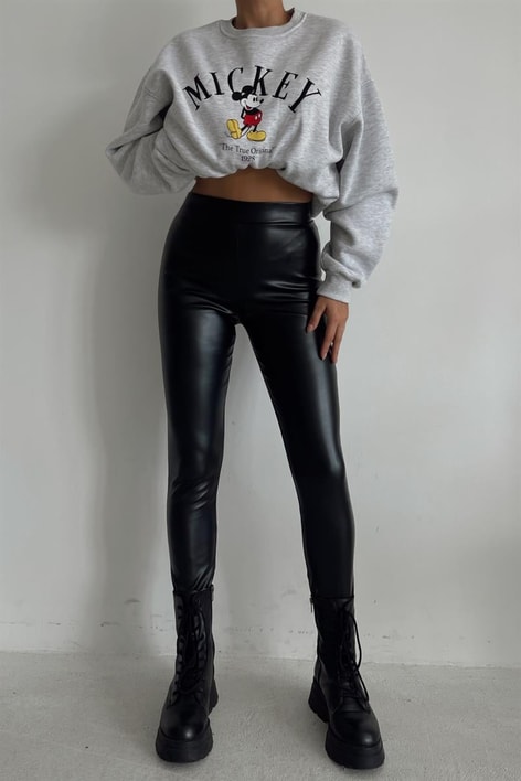 Yüksek Bel Skinny Deri Pantolon Siyah