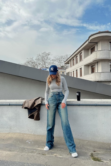 Yüksek Bel Straight Jean Lacivert