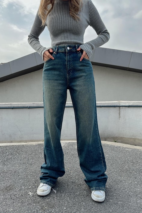 Yüksek Bel Straight Jean Lacivert