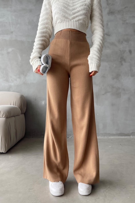 Yüksek Bel Triko Pantolon Taba