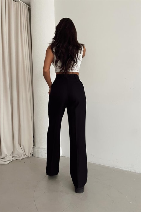 Yün Efekt Palazzo Pileli Pantolon Siyah