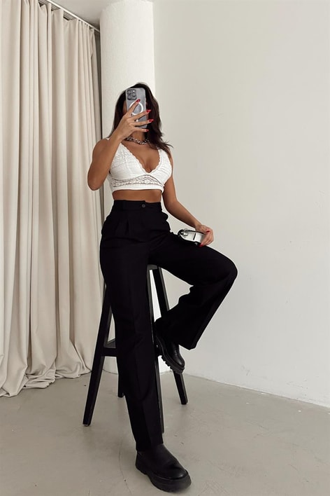 Yün Efekt Palazzo Pileli Pantolon Siyah