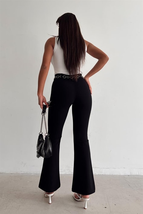 Zincir Kemerli Yüksek Bel Pantolon Siyah