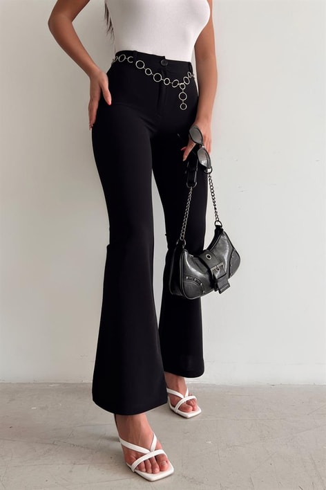 Zincir Kemerli Yüksek Bel Pantolon Siyah