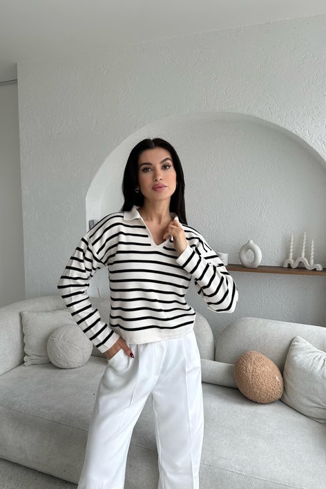 Polo Yaka Çizgili Triko Kazak Krem