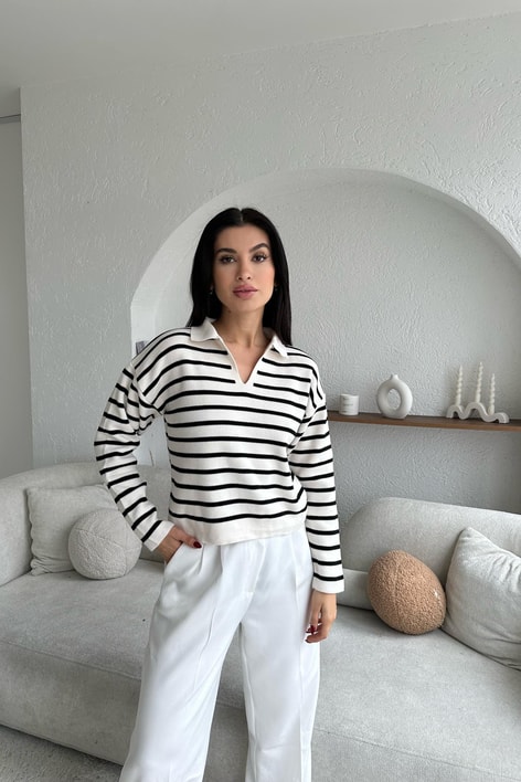 Polo Yaka Çizgili Triko Kazak Krem