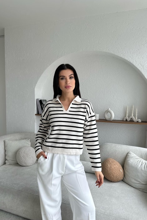 Polo Yaka Çizgili Triko Kazak Krem