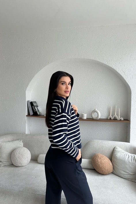 Polo Yaka Çizgili Triko Kazak Lacivert