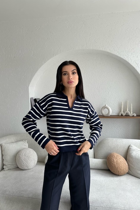 Polo Yaka Çizgili Triko Kazak Lacivert