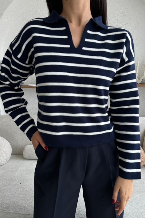 Polo Yaka Çizgili Triko Kazak Lacivert