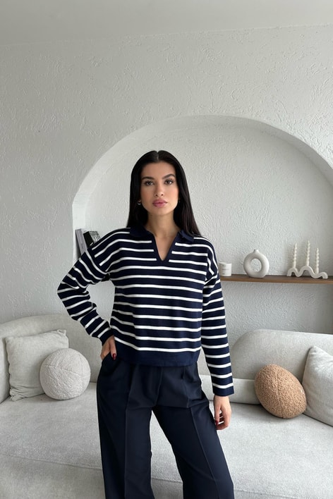 Polo Yaka Çizgili Triko Kazak Lacivert