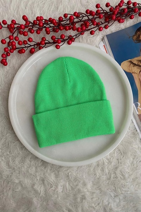 Basic Katlamalı Triko Bere Neon Yeşil
