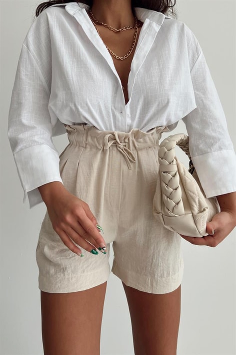 Bağcıklı Ham Keten Şort Taş