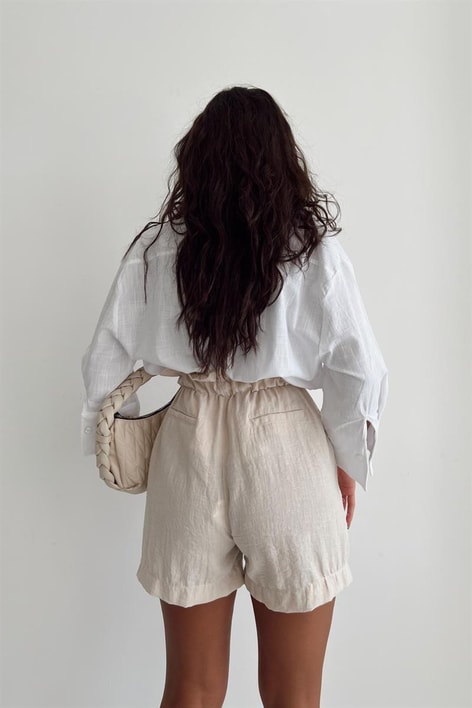 Bağcıklı Ham Keten Şort Taş