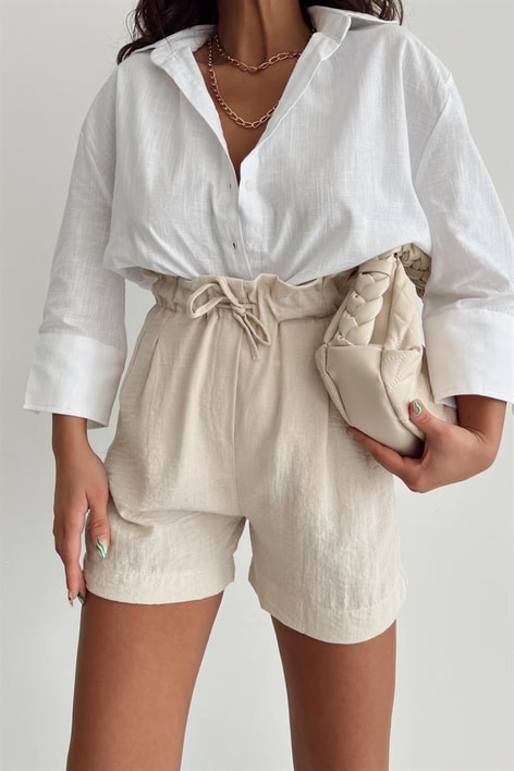 Bağcıklı Ham Keten Şort Taş