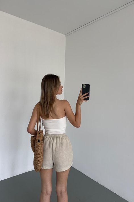 Bağcıklı Keten Şort Bej
