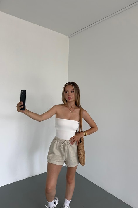 Bağcıklı Keten Şort Bej