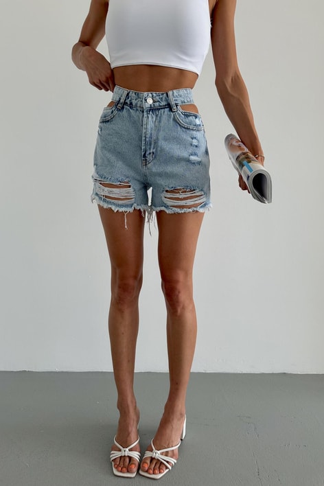 Bel Dekolteli Street Denim Şort Buz Mavi