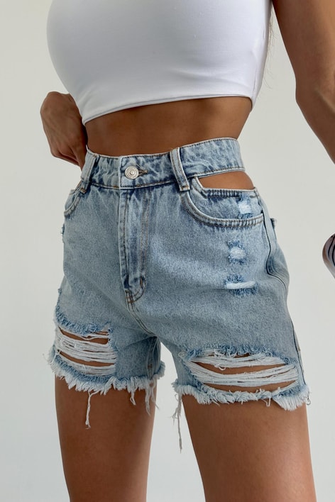 Bel Dekolteli Street Denim Şort Buz Mavi