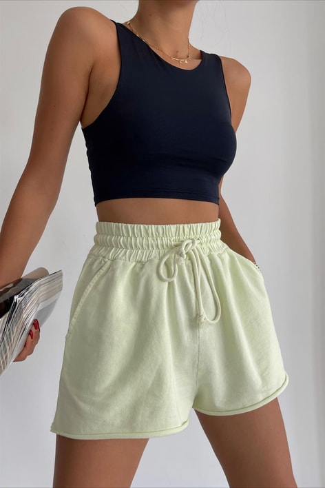 Beli Bağcıklı Relax Fit  Mini Şort Neon Sarı