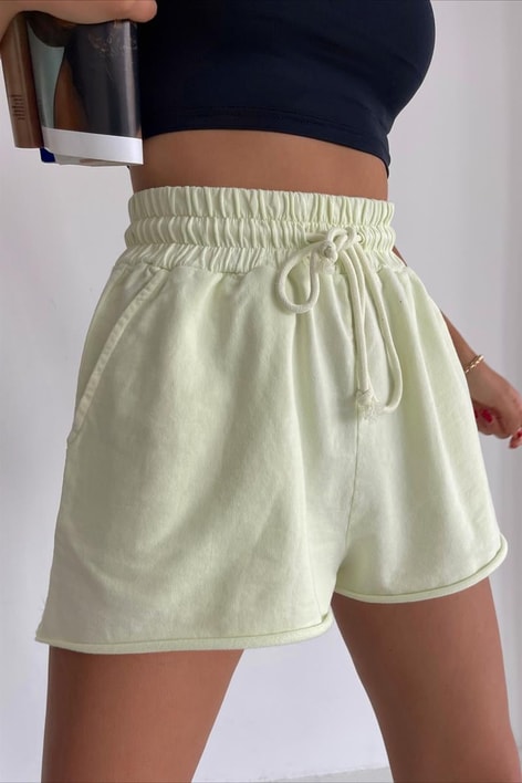 Beli Bağcıklı Relax Fit  Mini Şort Neon Sarı